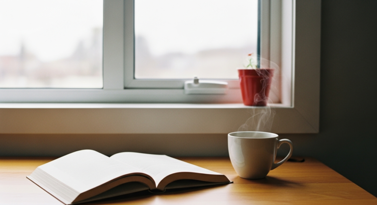 Книжный стол с открытой книгой и чашкой чая, на фоне уютного окна, символизирующий внутреннее принятие.